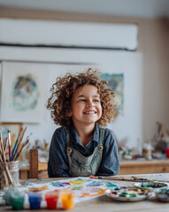 girl joyfully painting with watercolors, inclusive portrait of neurodiversity, authentic scene