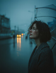 a young melancholic woman standing in the rain