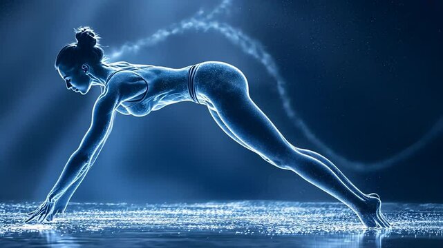 Woman doing downward dog pose. Virtual fitness and strength training concept. Physical and mental wellness video.
