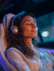 fashionable woman relaxing in a self-driving futuristic car