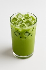 Iced matcha latte in transparent glass on white background
