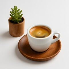 Fresh espresso shot with wooden cup and herbs on white background
