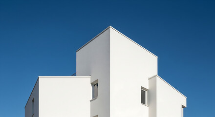 Bâtiment minimaliste blanc, ciel bleu, idéal pour article, blog, ou publicité sur l'architecture et l'immobilier