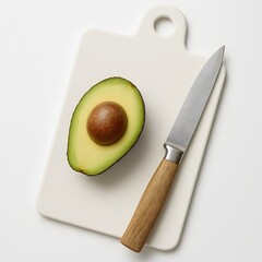 Half Avocado and Knife on Cutting Board