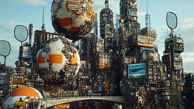 Post apocalyptic future city built from junk and recycled waste materials. Dystopian megacity against sky. Concept art footage.