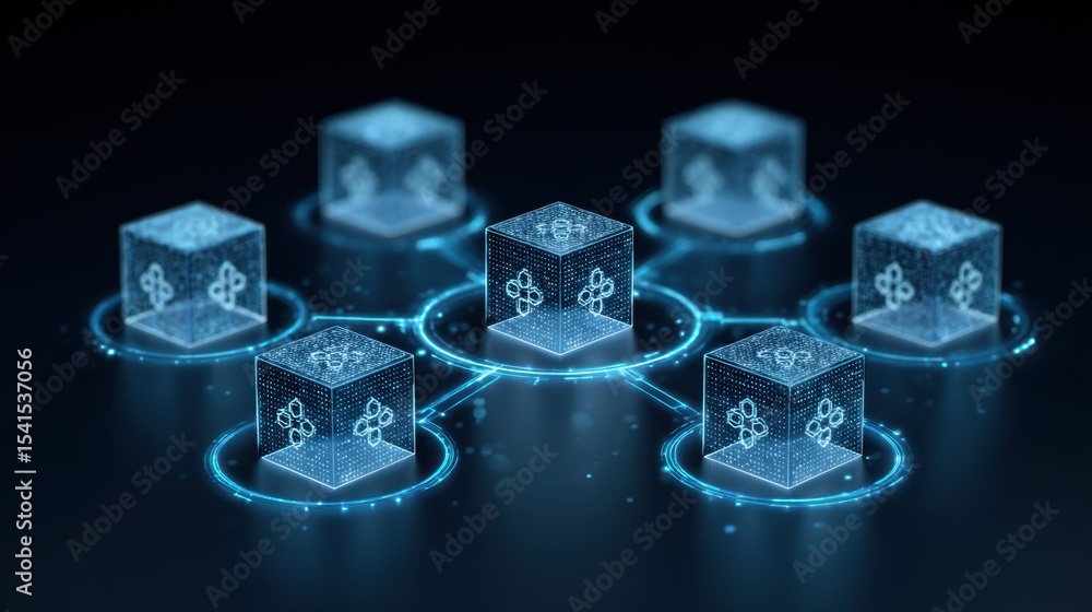 Poster blockchain structure made of glowing cubes, symbolizing decentralized digital systems