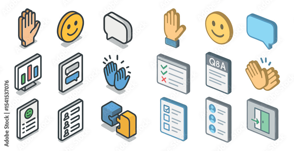 Poster communication and interaction isometric icons set – chat, social, message symbols