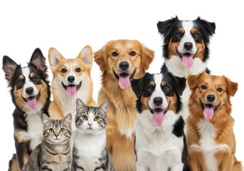 A group of happy dogs and cats sit together, isolated on white background