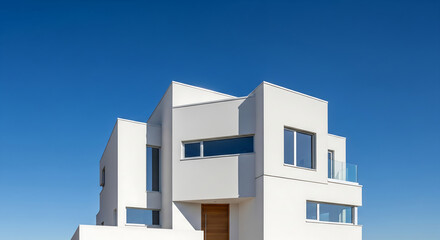 fa&ccedil;ade minimaliste blanche, ciel bleu, id&eacute;al pour article, blog, ou publicit&eacute; sur l'architecture et l'immobilier