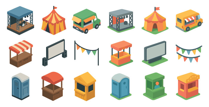 Festival and event isometric icons set – 3d, outdoor, celebration symbols