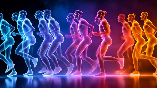 Row of glowing human silhouettes running forward. Men and woman in motion. Digital animation showing human body workout and exercise. Footage.