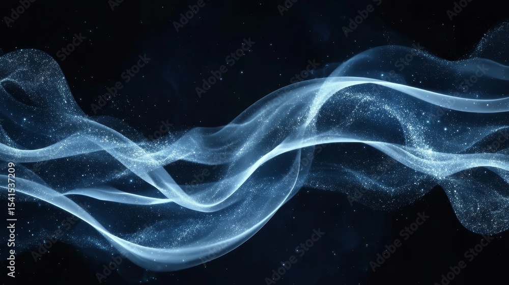 Poster dynamic abstract swirling pattern with shimmering particles creating an ethereal wave design