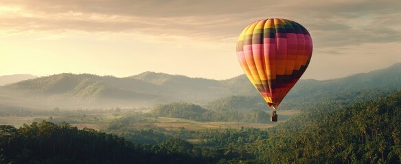 The scenic hot air balloon gracefully floats over picturesque mountain landscapes