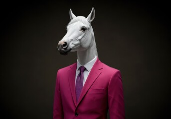 A white horse head wearing a pink suit and tie poses against a dark background