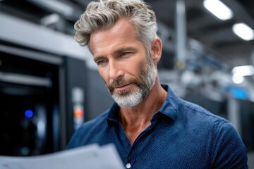 Fototapeta premium Middle-aged man examining documents in a modern office setting with advanced technology present