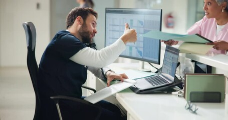 Phone call, stress and man with documents, doctor and conversation with hospital schedule. Multitasking, medical and professional with time management report and healthcare with chaos or feedback - Powered by Adobe