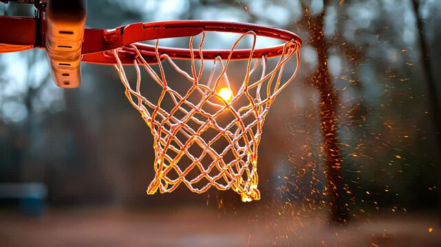 Close up of a bright basketball hoop with glowing net. Sport equipment for an outdoor game. Energetic training concept. Footage.