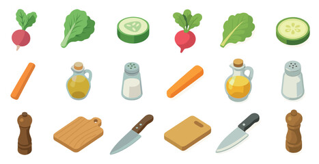 Vegetable and kitchen isometric icons set – cooking, culinary, food preparation graphics