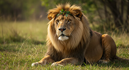 Obraz premium Majestic African Lion Resting in Golden Grassland Sunlight a powerful male lion with a leafy crown peacefully lounging amidst tall savanna grass under warm afternoon light showcasing its golden mane a