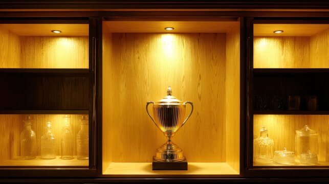 Brightly lit trophy case with single shining cup inside, symbol of rare and valuable success