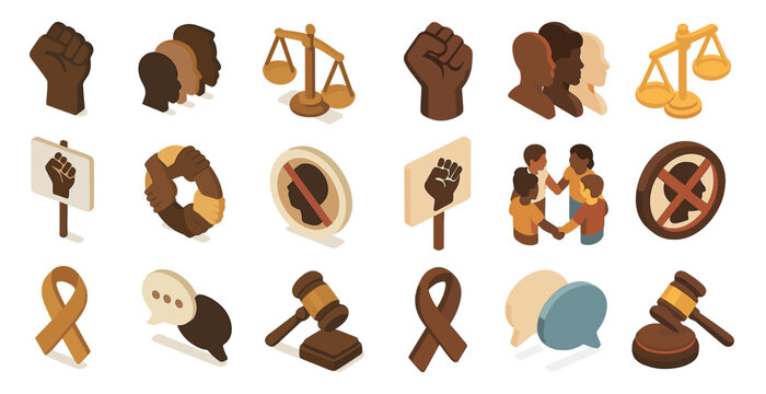 Justice and equality isometric icons set – 3d, flat, legal and civil rights symbols