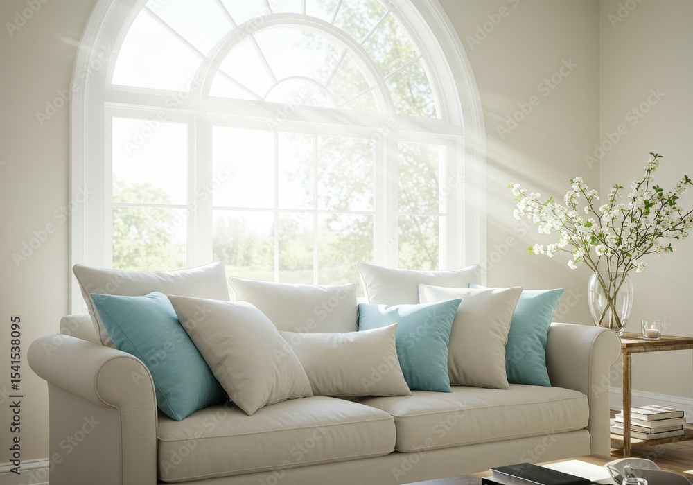 Poster sunlight streams through a large arched window illuminating a beige sofa with blue pillows in a brig