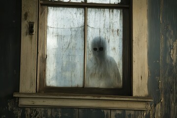 Mysterious figure seen through a dusty window in an abandoned house at twilight
