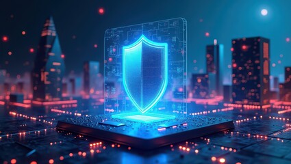 Glowing cyber security shield on a platform with city background in blue and red lights at night