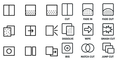 Film editing outline icons set – cinematic, transition, video symbols