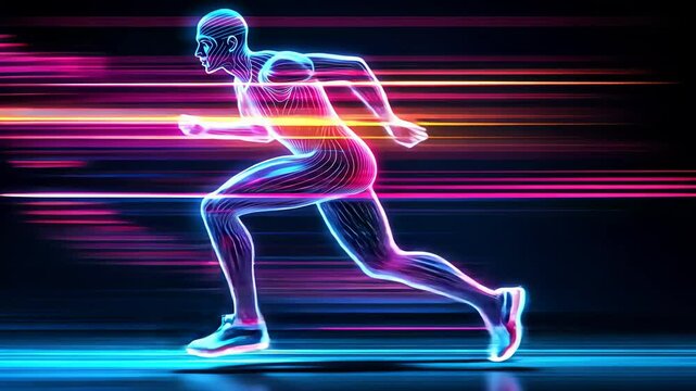 Man runner in digital neon glow. Human body scanning for athletic performance. Artificial intelligence fitness animation footage.