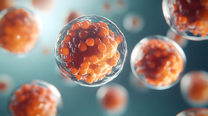 Simple 3D rendering of stem cells with minimal details on a neutral background. Emphasizing cellular biology for cancer treatment research.