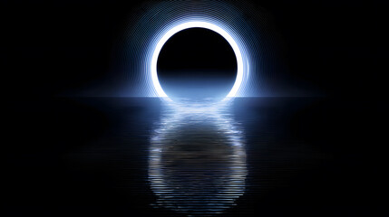 Solar Eclipse with a Bright Halo and Reflective Water Surface