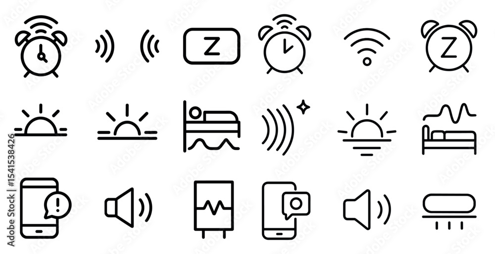 Poster sleep and rest icons set in linear style – outline, bedtime, relaxation visuals