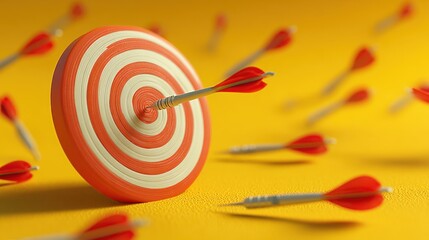 Bullseye target surrounded by scattered darts, showing rare and precise success
