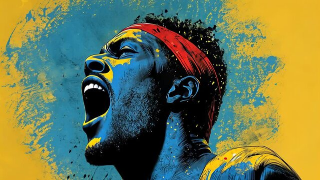 African American man looking up with open mouth. Powerful pop art style illustration of a person with strong emotion. Artistic footage.