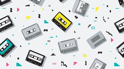 Retro cassettes scatter artistically across geometric minimal backdrop vibrant
