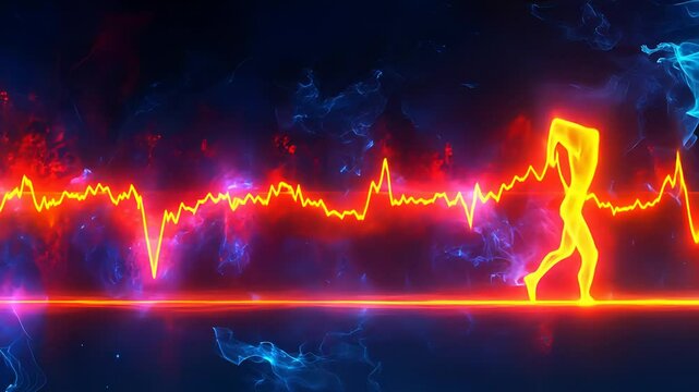 Yellow neon heart-rate line with a bright red baseline on a dark background with blue and red hues. Pulse concept footage.