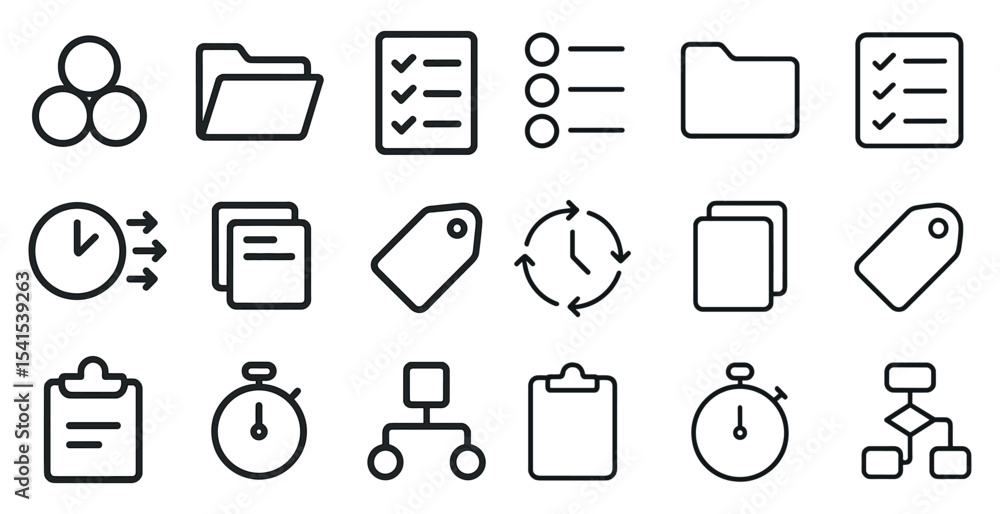 Poster business and productivity outline icons set - linear, tasks, workflow symbols