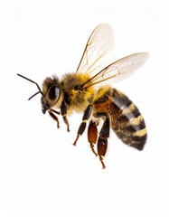 Bee close view over white background, no shadow