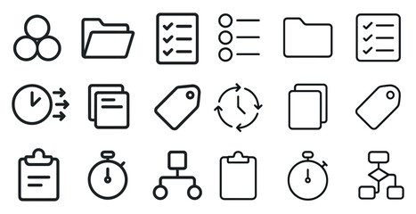 Business and productivity outline icons set - linear, tasks, workflow symbols