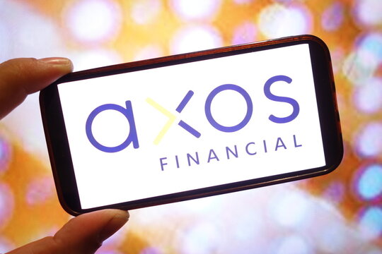Konskie, Poland - April 06, 2025: Axos Financial company logo displayed on mobile phone