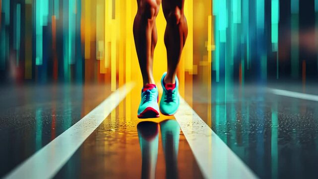 Man running on road with digital motion lines. Athlete training for marathon. Healthy lifestyle and fitness concept for sport footage.
