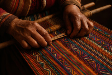 Traditional art of hand weaving fabric with vibrant patterns and colors. Indigenous Peoples