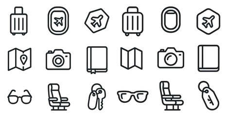 Travel and tourism line icons set – outline, flat, vacation planning symbols