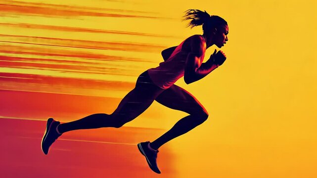 Woman runner in motion blur with energy lines. Powerful female athlete sprinting fast. Sport achievement. Competition progress footage.