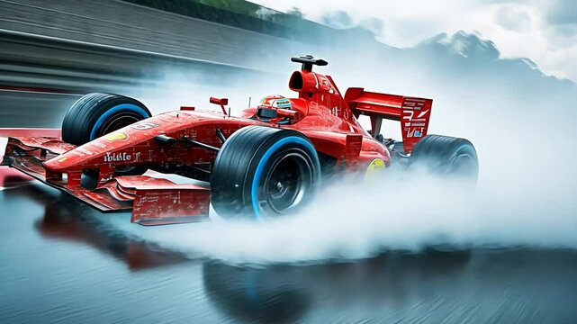 Red formula race car with driver on track in motion. Fast speed and competitive sport concept, car racing tournament footage.