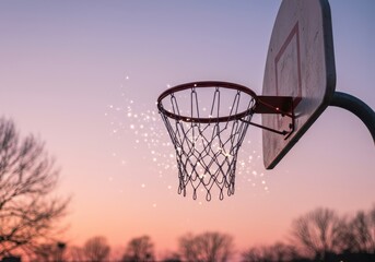 A basketball hoop glows at sunset with sparkling lights