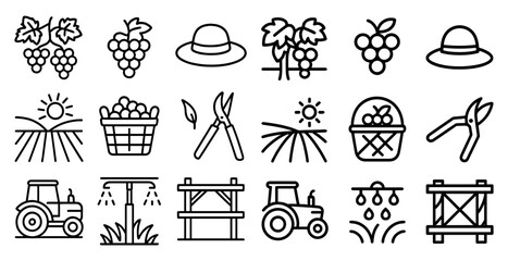 Agriculture and farming outline icons set &ndash; vineyard, harvest, crop management symbols