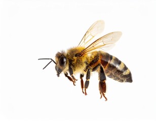 Bee close view over white background, no shadow