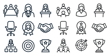 Business and management outline icons set – linear, corporate, company symbols